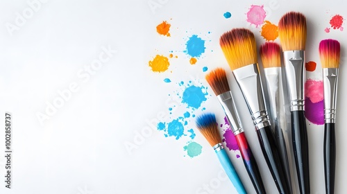 Colorful paintbrushes with vibrant splatters on a clean white background.