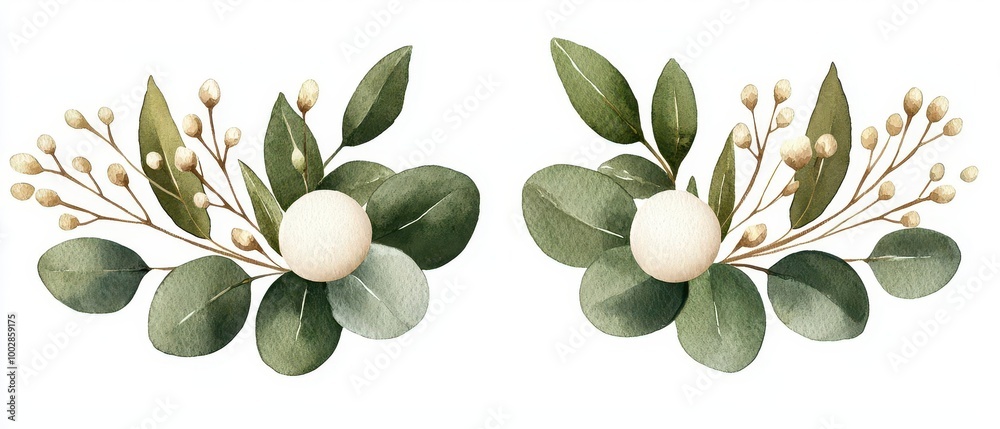 Naklejka premium Elegant botanical composition featuring green leaves and delicate white berries, perfect for decoration and floral designs.