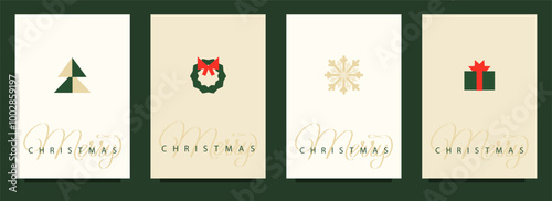 Merry Christmas Set of greeting card, poster, holiday cover. Modern Xmas design in simple geometric style in green, red, beige colors for ads, sales, print, season greetings, invitations