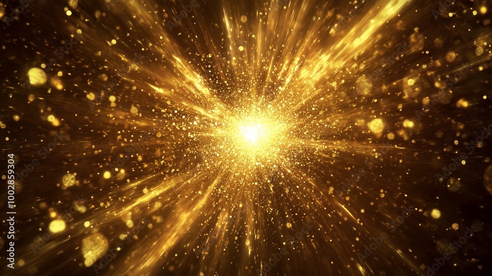 Golden explosion of light and particles in a dynamic display of energy and motion Golden explosion of light and particles in a dynamic display of energy and motion