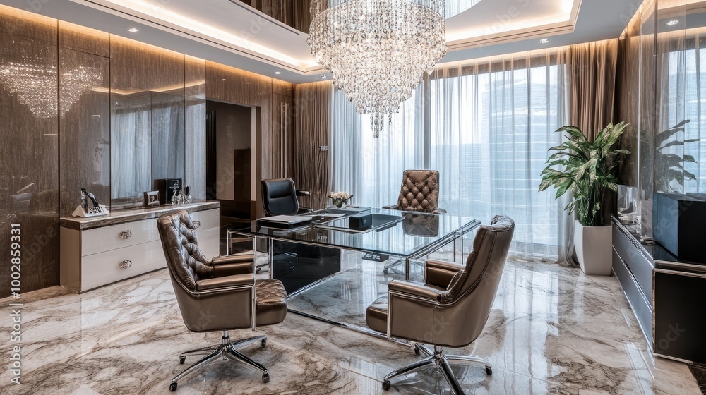 Fototapeta premium Luxurious office space with a sleek glass desk, designer furniture, and a crystal chandelier overhead. Rich textures and marble flooring enhance the elegance of the environment.