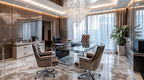 Luxurious office space with a sleek glass desk, designer furniture, and a crystal chandelier overhead. Rich textures and marble flooring enhance the elegance of the environment.