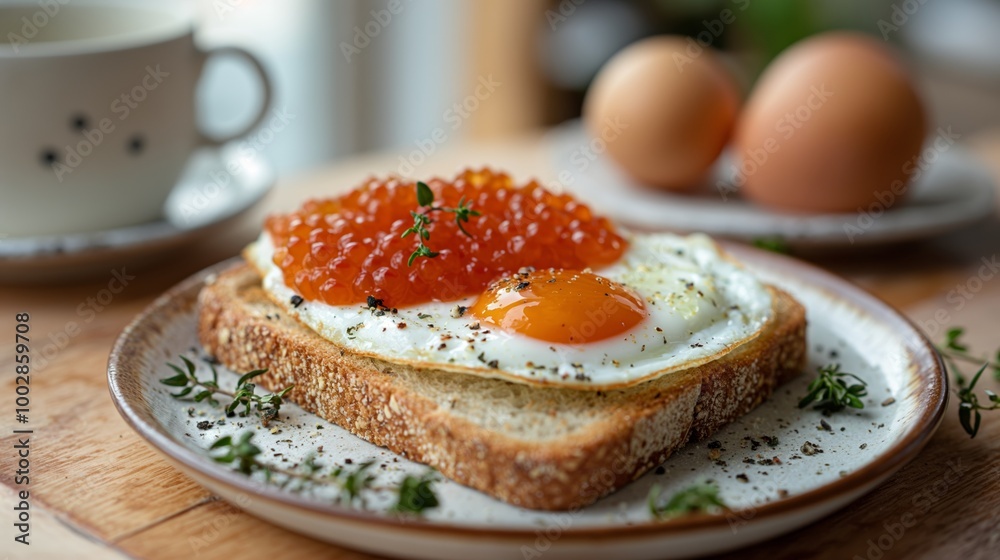 Gourmet breakfast with fried eggs, caviar on toast, garnished with herbs, served on a ceramic plate. Gourmet breakfast with fried eggs, caviar on toast, garnished with herbs, served on a ceramic plate.