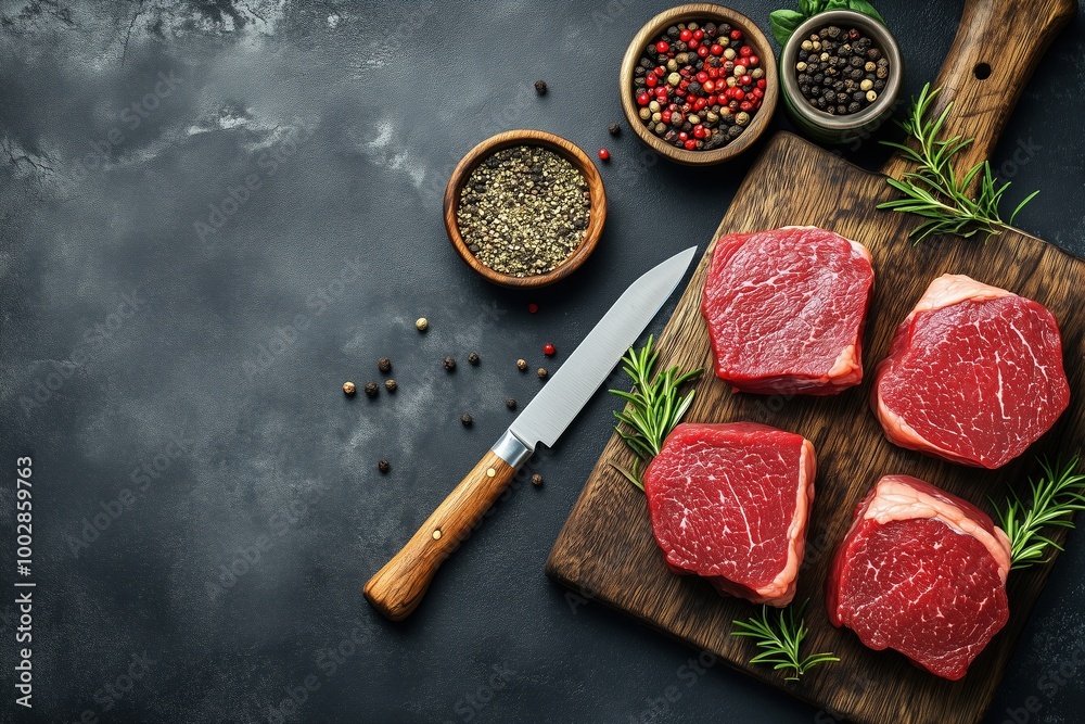 A wooden cutting board with a knife and four pieces of meat on it A wooden cutting board with a knife and four pieces of meat on it