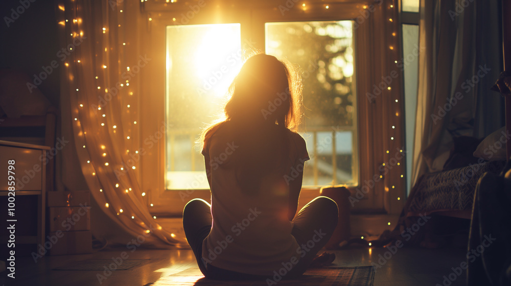 A girl sits by the window waiting for a miracle. Festive lights and bright warm light by the window A girl sits by the window waiting for a miracle. Festive lights and bright warm light by the window