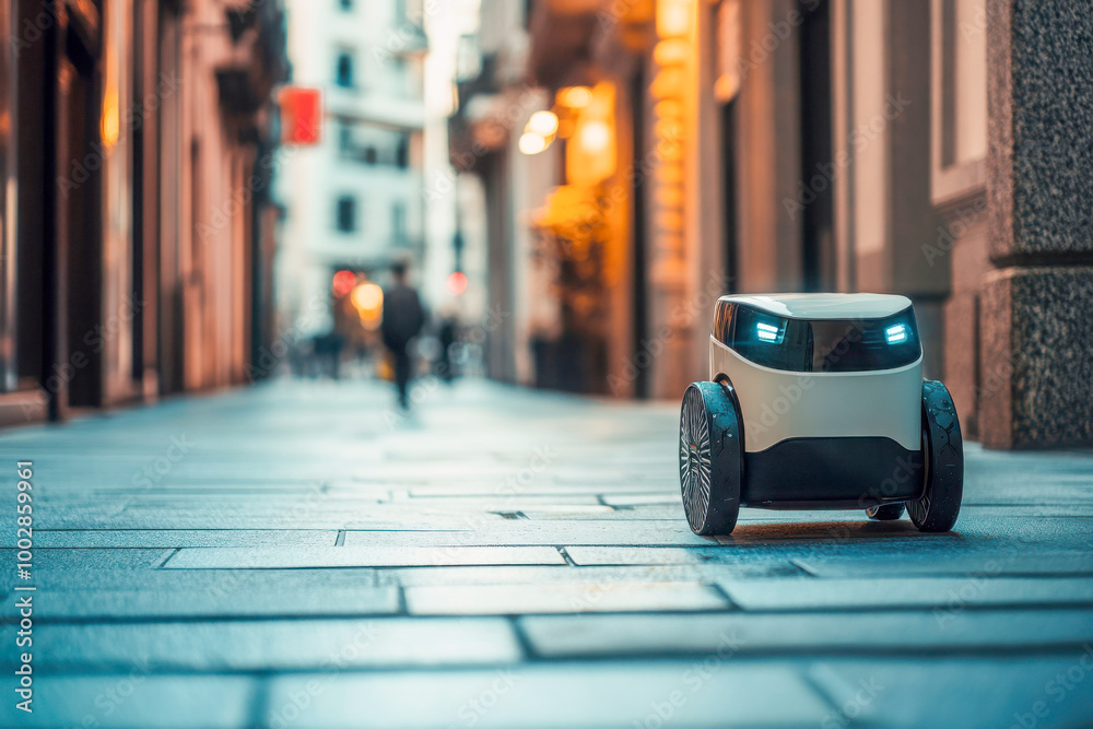 Autonomous delivery robot moving along a city sidewalk in an urban setting, showcasing modern technology and advanced logistics Autonomous delivery robot moving along a city sidewalk in an urban setting, showcasing modern technology and advanced logistics