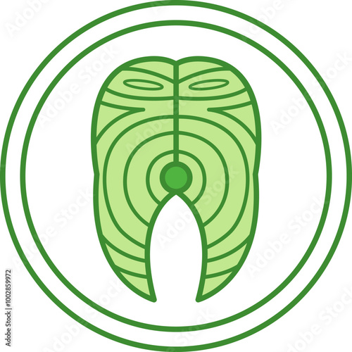 Green Tuna Label. Vector Icon. Piece Of Fish, Seafood. Cat's Food Properties. Sticker For Packaging Of Food Products