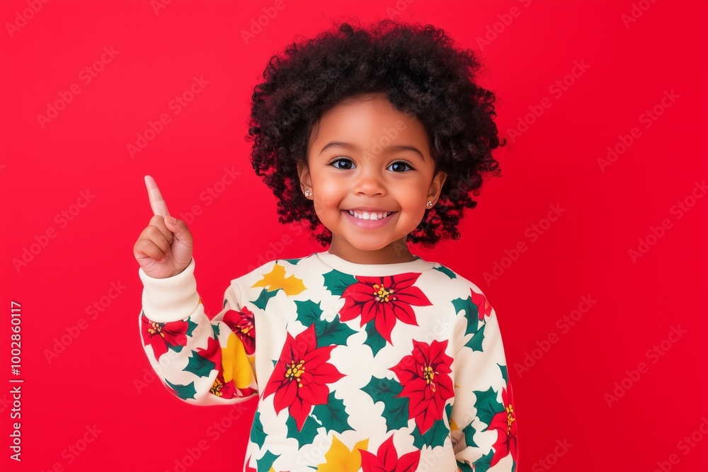 smiling little black girl wearing sweatshirt with poinsettia floral print clothes with pointing up gesture and copy space, red background smiling little black girl wearing sweatshirt with poinsettia floral print clothes with pointing up gesture and copy space, red background