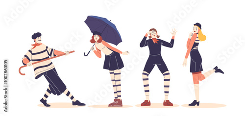 Charming Group Of Mime Characters In Classic Striped Costumes Displaying Playful And Expressive Poses With Various Props