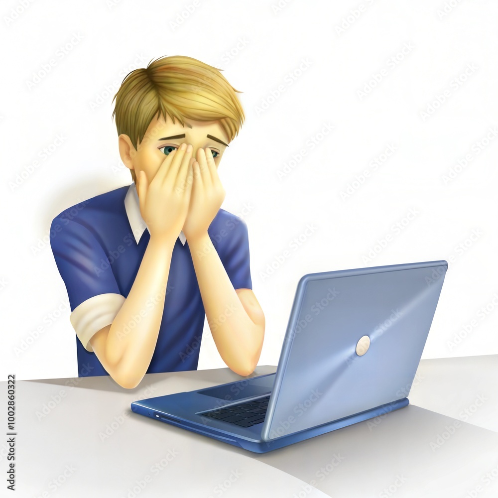Young boy with hands on face expressing distress while sitting at laptop in gray background Young boy with hands on face expressing distress while sitting at laptop in gray background