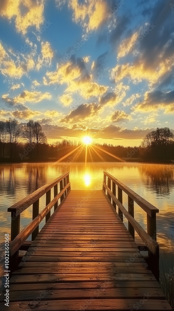 Fototapeta premium A wooden bridge spans a body of water