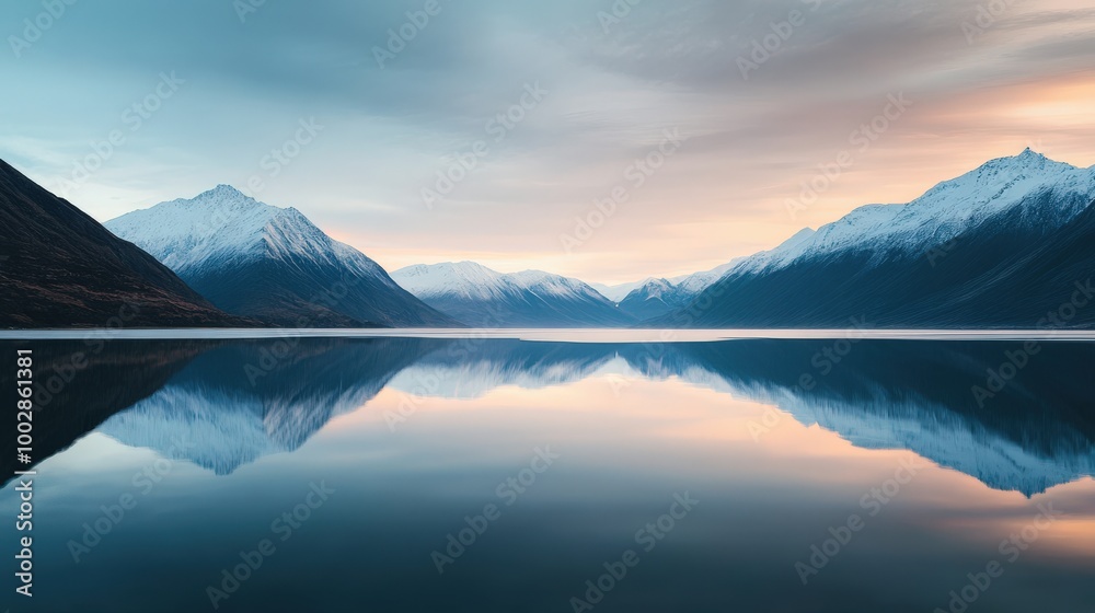 The calm waters of the lake mirror the majestic snow-capped mountains, while the fading light of dusk creates a peaceful ambiance in the landscape The calm waters of the lake mirror the majestic snow-capped mountains, while the fading light of dusk creates a peaceful ambiance in the landscape