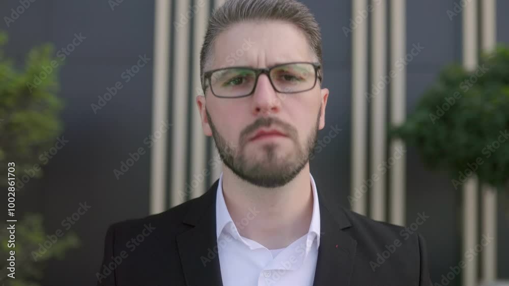 Stylish Businessman with Glasses and a Beard Making a Yes Gesture in Front of a Dark Wall Stylish Businessman with Glasses and a Beard Making a Yes Gesture in Front of a Dark Wall