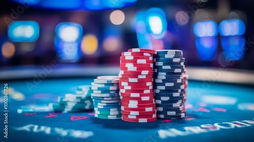 A close-up view of stacked poker chips on a casino table, showcasing vibrant colors against a blurred background of slot machines and gaming lights. photo