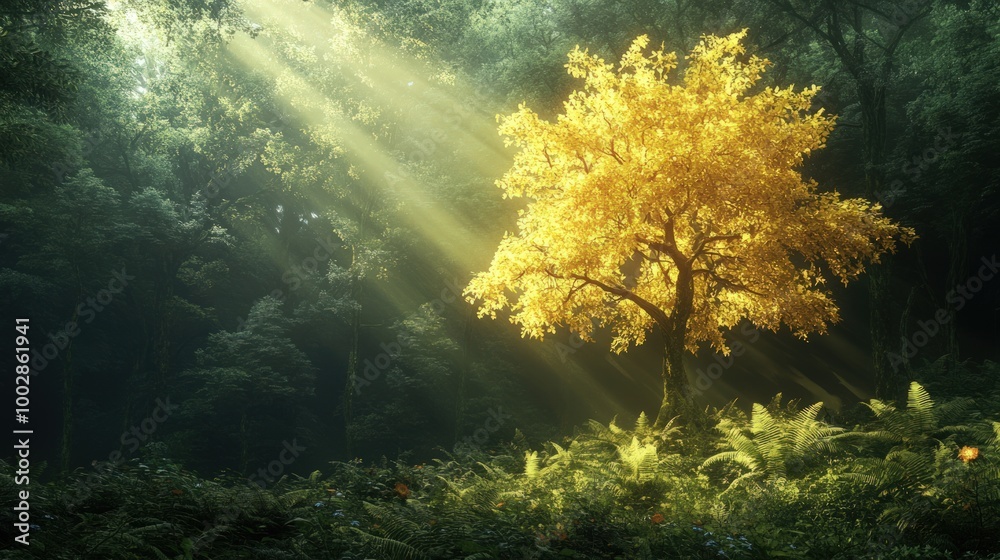 Golden tree in a lush green forest, with sunlight streaming through the canopy. Golden tree in a lush green forest, with sunlight streaming through the canopy.
