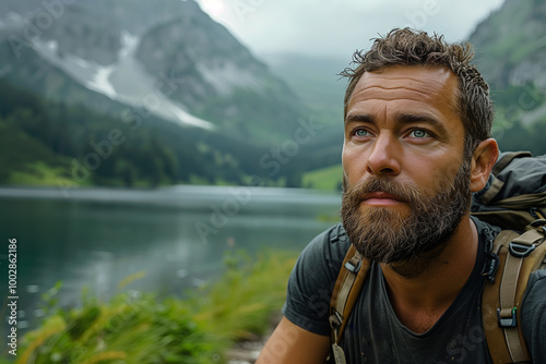 Portrait of handsome guy hiking around Swiss Alps. 