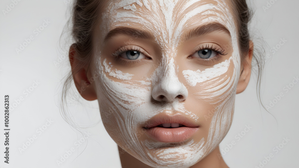 Fototapeta premium AI creates an image of a model putting on makeup and skincare products.