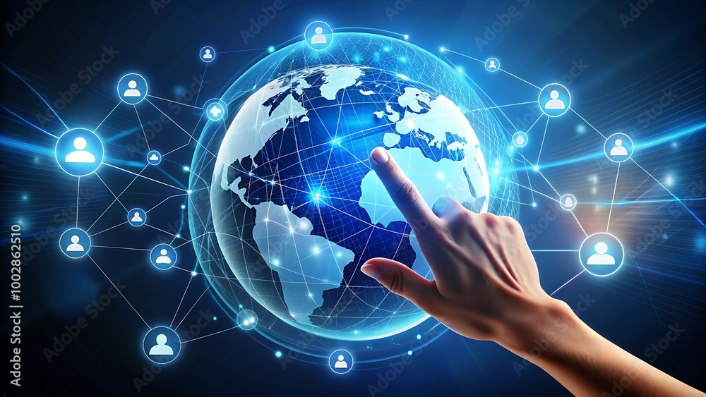 Mano tocando el globo con iconos de personas holográficas, concepto de conexión digital Mano tocando el globo con iconos de personas holográficas, concepto de conexión digital