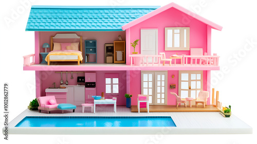 Pink dollhouse with pink interior. House of dolls with furniture isolated on white background. Furnished pink doll house isolated. Dollhouse. House construction with kitchen bedroom bathroom and pool
