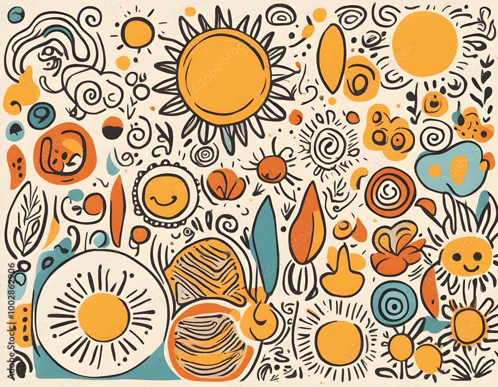 Fototapeta premium Abstract hand drawn doodle sunshine shapes in trendy childishly background