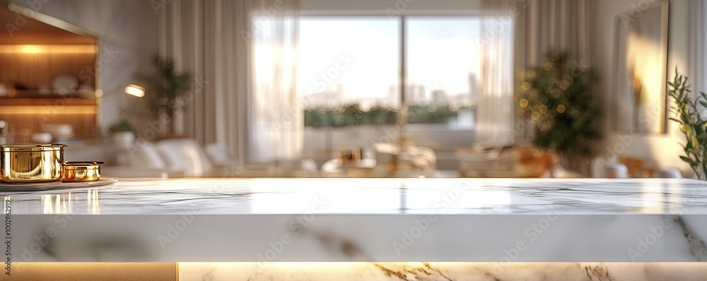 Golden Pots on White Marble Countertop with Blurred Background, interior design , product display Golden Pots on White Marble Countertop with Blurred Background, interior design , product display