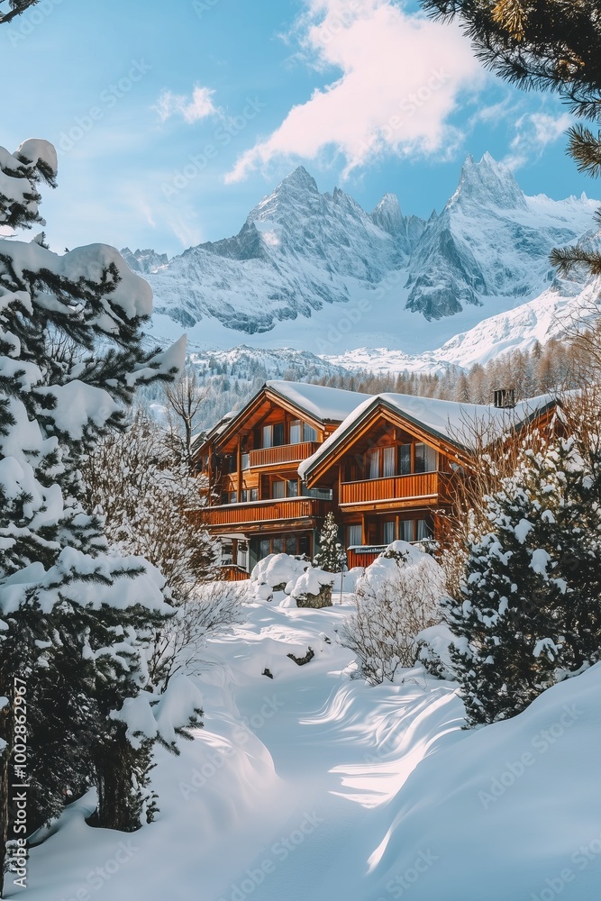 The cabin is surrounded by snow and pine trees The cabin is surrounded by snow and pine trees