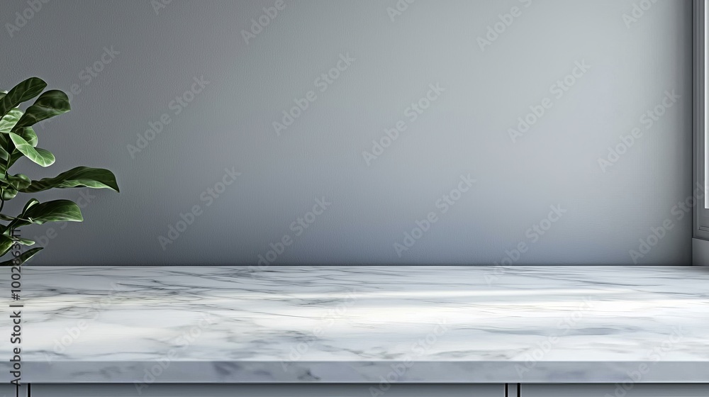Fototapeta premium Minimalist Marble Countertop with Grey Wall and Plant, product display , mock up , countertop , mock up , background , minimal
