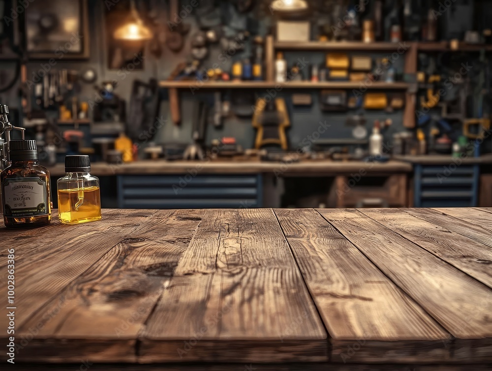 Rustic Wood Table with Bottles and Tools in Blurred Background, product display, mockup, rustic, industrial Rustic Wood Table with Bottles and Tools in Blurred Background, product display, mockup, rustic, industrial