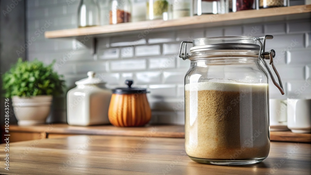 A jar of sugar and coffee reflected on kitchen shelf A jar of sugar and coffee reflected on kitchen shelf