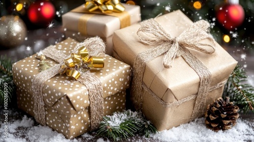 Festively wrapped Christmas gifts with holiday decorations
