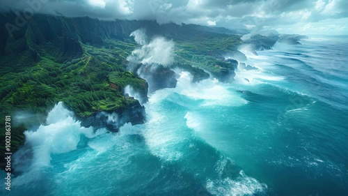 Powerful waves crash against the rock. Salty sea water boils near the stones. close-up of waves in the sea crashing on rocks near the shore