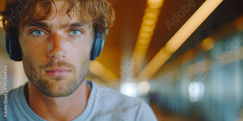 A young man with headphones, intense expression, blurred background, likely indoors, listening to music. photo