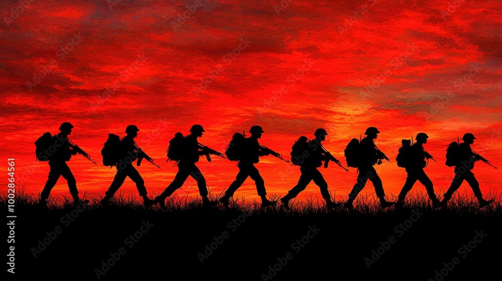 Soldiers marching against a vibrant sunset backdrop Soldiers marching against a vibrant sunset backdrop