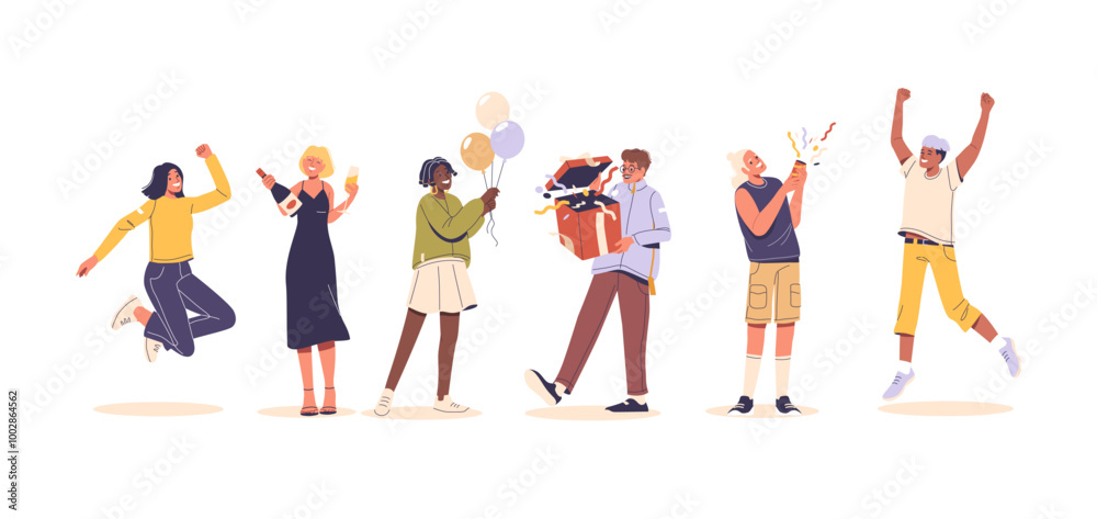Group Of Joyful People Celebrating A Special Event With Laughter And Excitement. Characters Holding Balloons Group Of Joyful People Celebrating A Special Event With Laughter And Excitement. Characters Holding Balloons