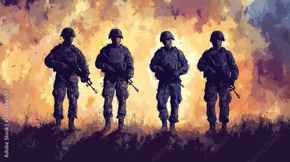 Silhouetted soldiers against a fiery backdrop Silhouetted soldiers against a fiery backdrop