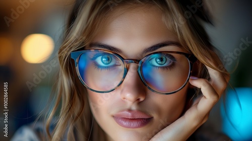 Close-up of woman with blue eyes and glasses staring intensely at the camera.