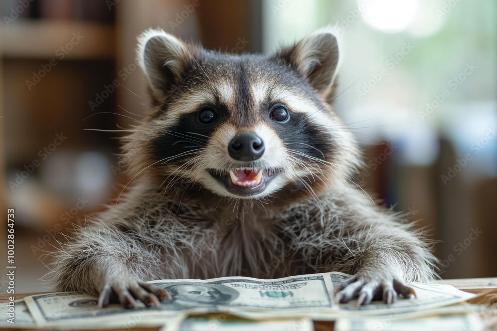 A cheerful raccoon with a big smile, posing indoors with U.S. dollar bills on a table. A cheerful raccoon with a big smile, posing indoors with U.S. dollar bills on a table.