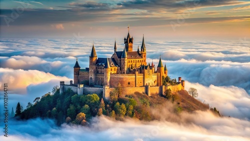 A low angle view of German Castle Hohenzollern above the clouds photo