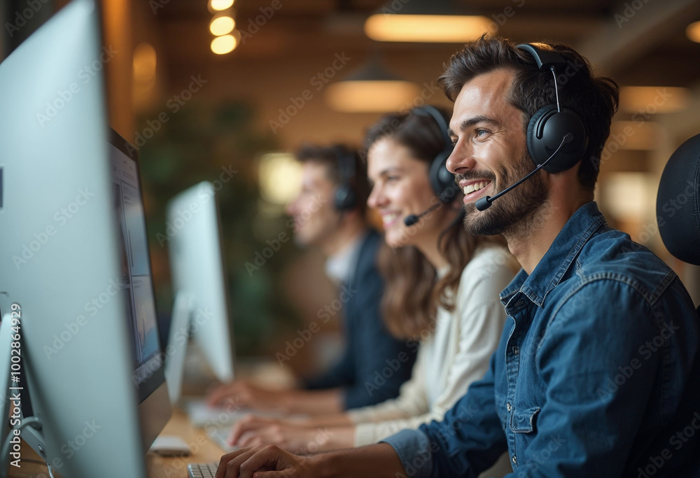 Young man engaged in customer service while using a headset and working on a computer