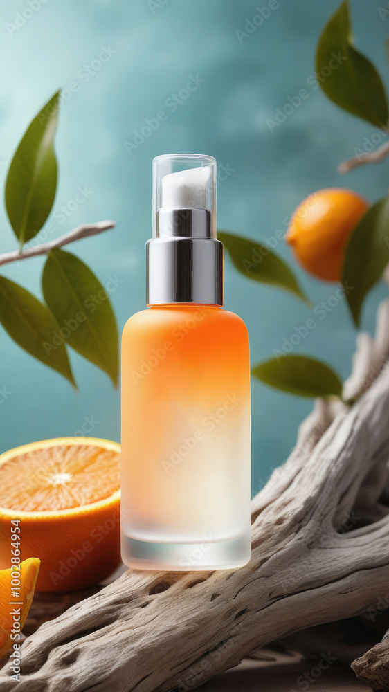 Mock up serum extract with sliced orange or any beauty product from natural ingredients standing on driftwood surrounded frangipani flowers. Mock up serum extract with sliced orange or any beauty product from natural ingredients standing on driftwood surrounded frangipani flowers.