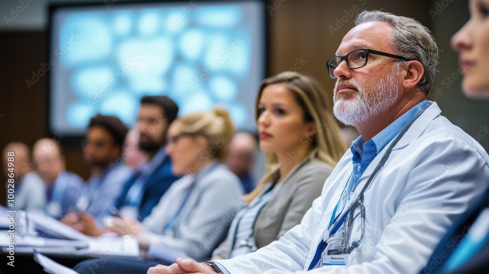 Medical professionals engaged in a lively discussion at a medical conference with a large screen behind them Medical professionals engaged in a lively discussion at a medical conference with a large screen behind them