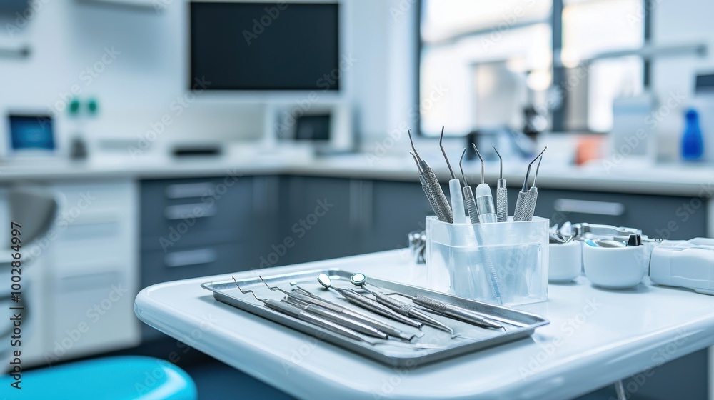 Medical assistant organizing sterile instruments in a dental clinic, with dental tools neatly arranged on a tray Medical assistant organizing sterile instruments in a dental clinic, with dental tools neatly arranged on a tray