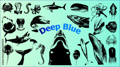 Deep Blue set of graphic resources. Photocopy and halftone effect for grunge, punk, y2k, pulp, pop collage, poster, tshirt design. Vector illustration with elements on separate background.