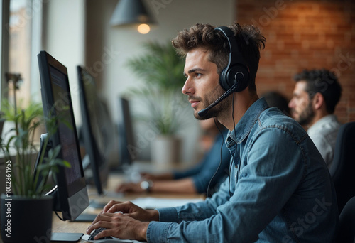 Young man engaged in customer service while using a headset and working on a computer