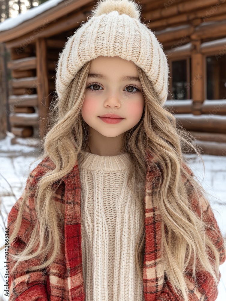 Young girl with long hair wearing a cozy hat and plaid jacket enjoys winter outdoors near a log cabin Young girl with long hair wearing a cozy hat and plaid jacket enjoys winter outdoors near a log cabin