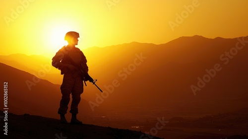 Soldier silhouetted against a sunset in mountainous terrain