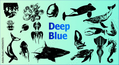 Deep Blue set of graphic resources. Photocopy and halftone effect for grunge, punk, y2k, pulp, pop collage, poster, tshirt design. Vector illustration with elements on separate background.