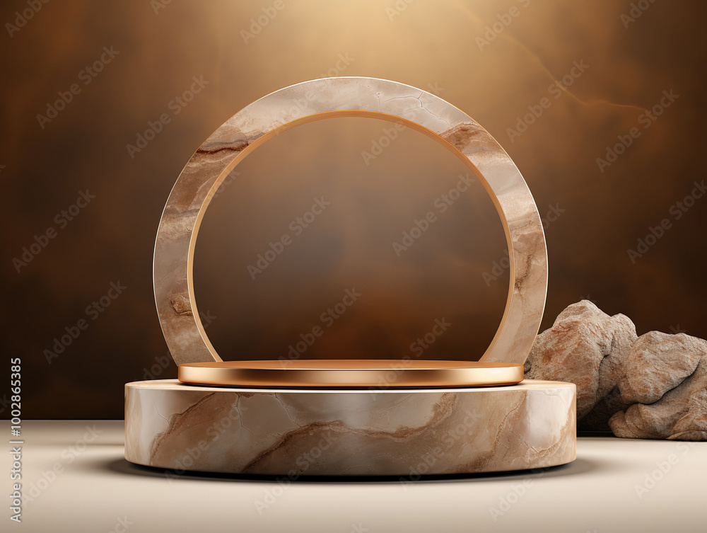3D Stone Podium Display with Gold Frame and Brown Background for Beauty Product Promotion 3D Stone Podium Display with Gold Frame and Brown Background for Beauty Product Promotion