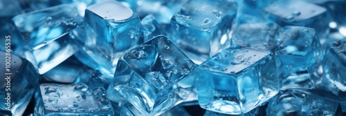 Blue ice cubes stacked closely, showcasing their glossy texture and condensation