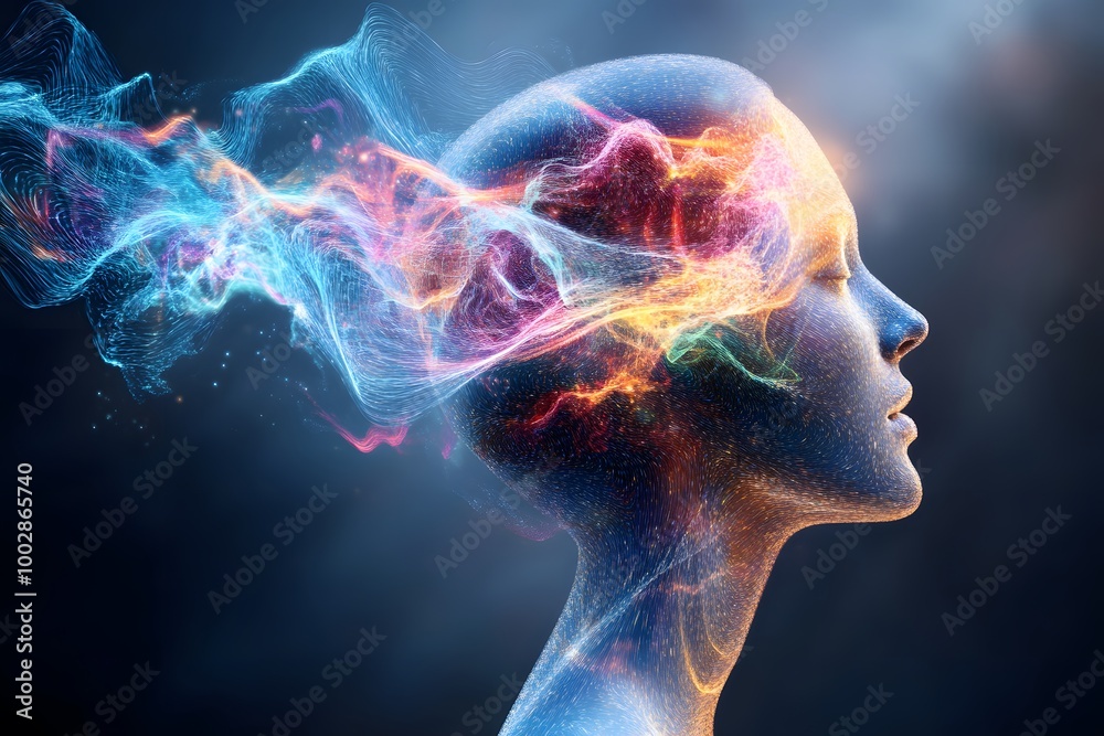 Waves of energy flowing from a person’s mind, illustrating the manifestation Waves of energy flowing from a person’s mind, illustrating the manifestation
